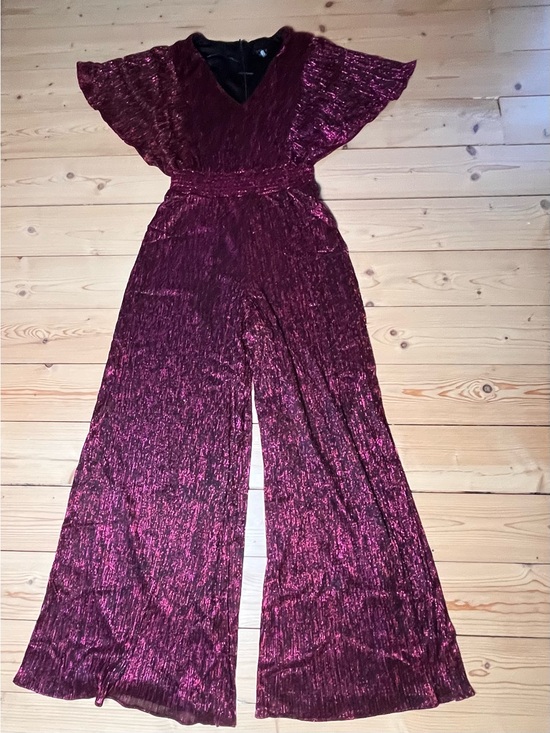 1. State Pants - 1.STATE Metallic Wine Burgundy Wide Leg Jumpsuit Flutter Sleeve